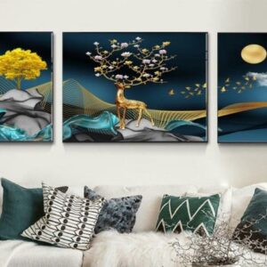 Tranh Treo Tường Tráng Gương Pha Lê Cao Cấp Tranh Bộ 3 Nai Vàng Trang Trí Phòng Khách, Hiện Đại HN0022
