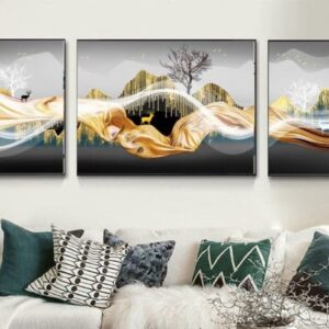 Tranh Treo Tường Tráng Gương Pha Lê Cao Cấp Tranh Bộ 3 Nai Vàng Trang Trí Phòng Khách, Hiện Đại HN0021
