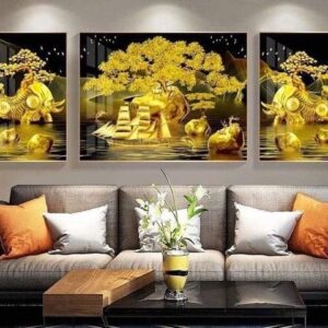 Tranh Treo Tường Tráng Gương Pha Lê Cao Cấp Tranh bộ 3 thuận buồm xuôi gió Trang Trí Phòng Khách Hiện Đại SNO255161