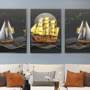 Tranh Treo Tường Tráng Gương Pha Lê Cao Cấp Tranh bộ 3 thuận buồm xuôi gió Trang Trí Phòng Khách Hiện Đại SNO25529