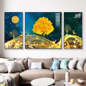 Tranh Canvas Tranh Tráng Gương Pha Lê Cao Cấp Cây Tài Lộc và Hươu Vàng Trang Trí Phòng Khách Phòng Ngủ Sang Trọng Hiện Đại HPC015